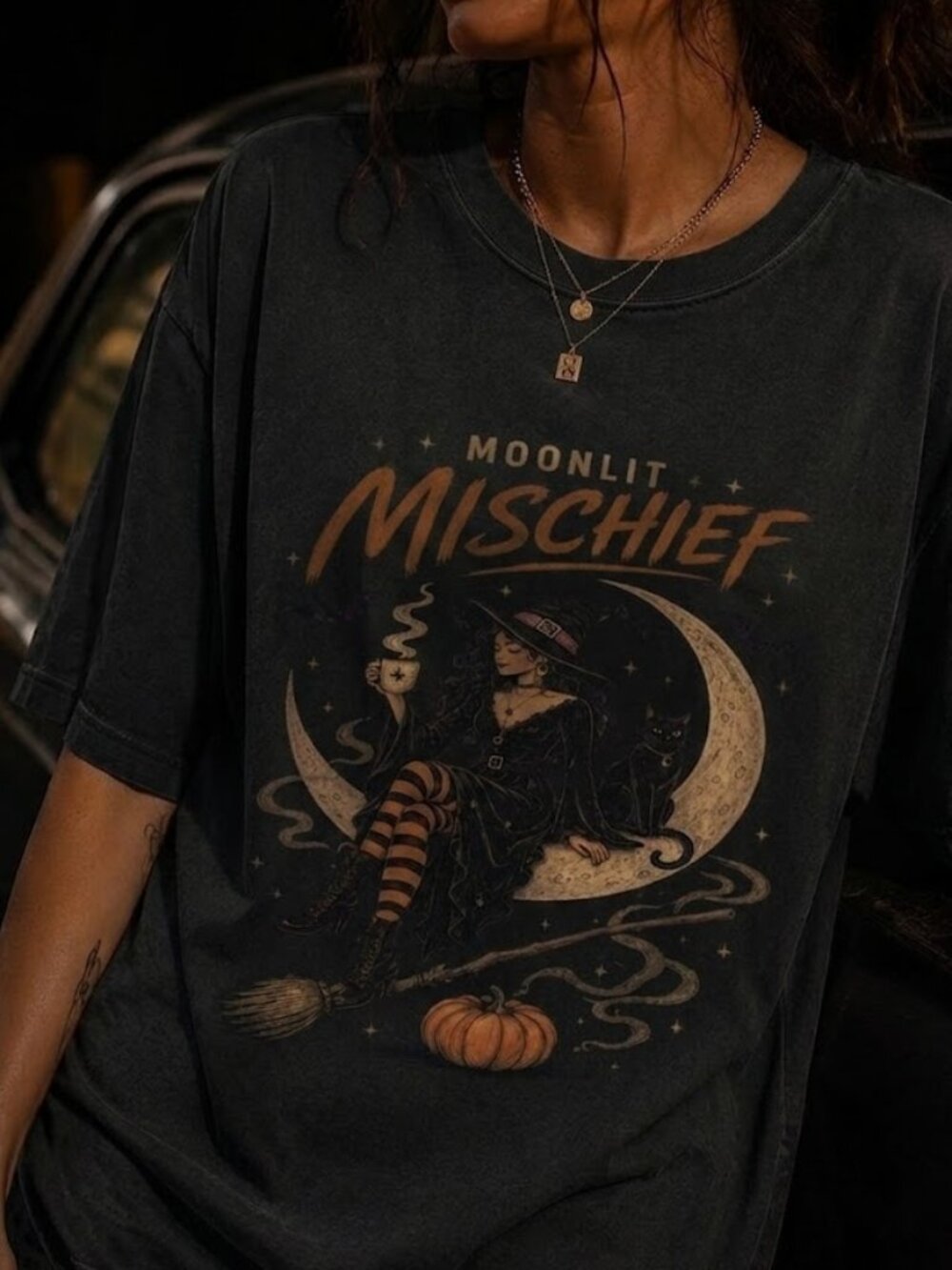 Moonlit Mischief Witch Black Cat Halloween Graphic Tee